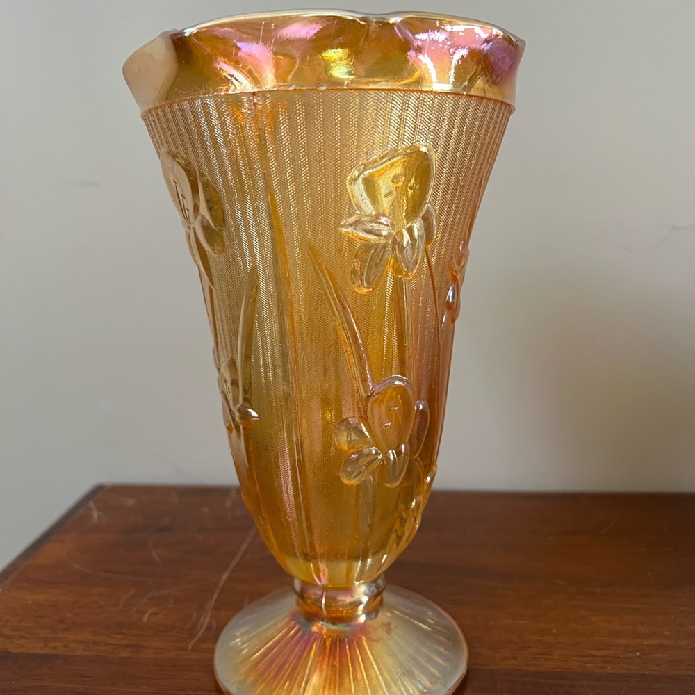 Vintage Jeannette Iris and Herringbone Marigold Carnival Glass Base 9in